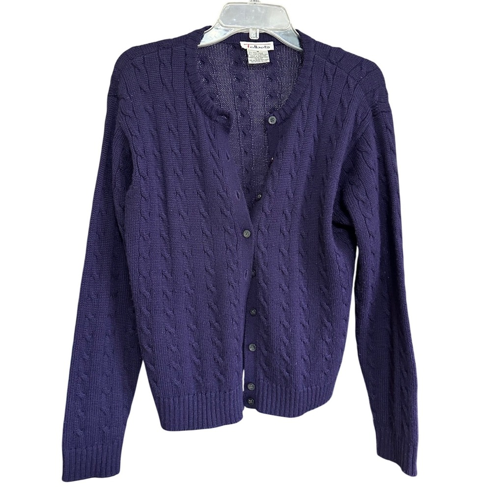 Vtg Talbots Purple Wool Blend Cable Knit Button Front Cardigan Sweater M Preppy